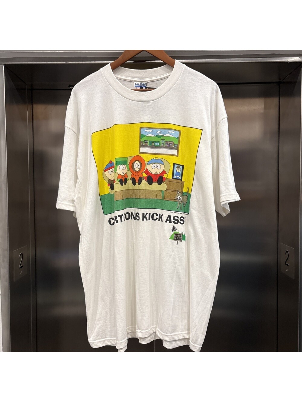 1997 South Park White Vintage Cartoons Kick Ass T-Shirt Sz XL